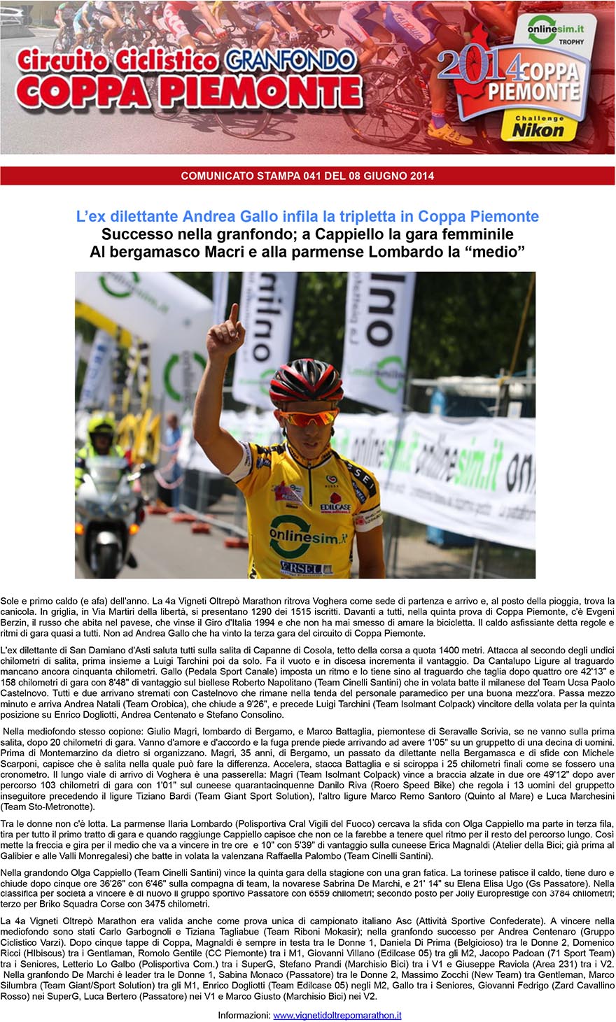 Circuito Coppa Piemonte  Lex dilettante Andrea Gallo infila la tripletta in Coppa Piemonte